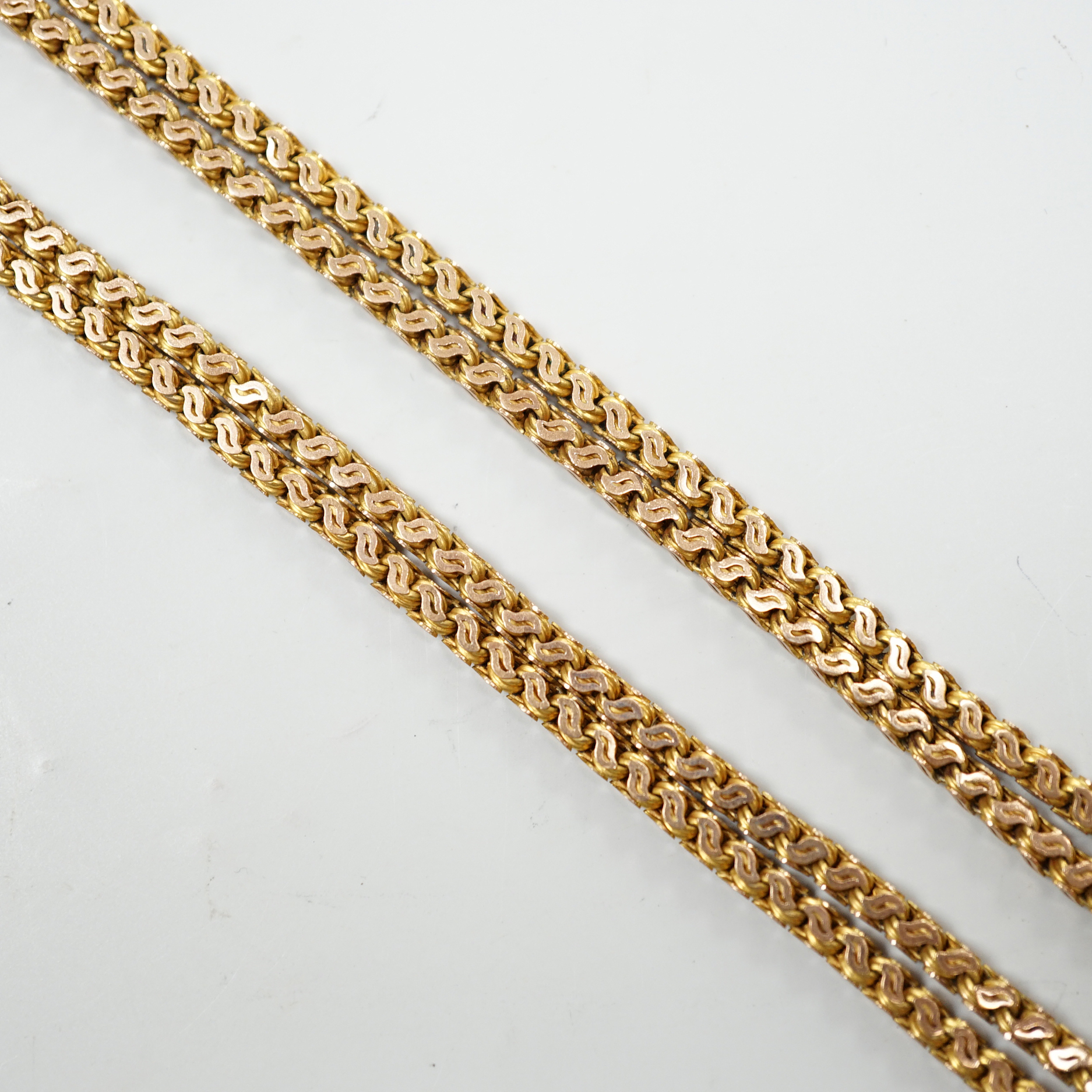 A late Victorian 9ct gold fancy link guard chain, overall 80cm, 25 grams